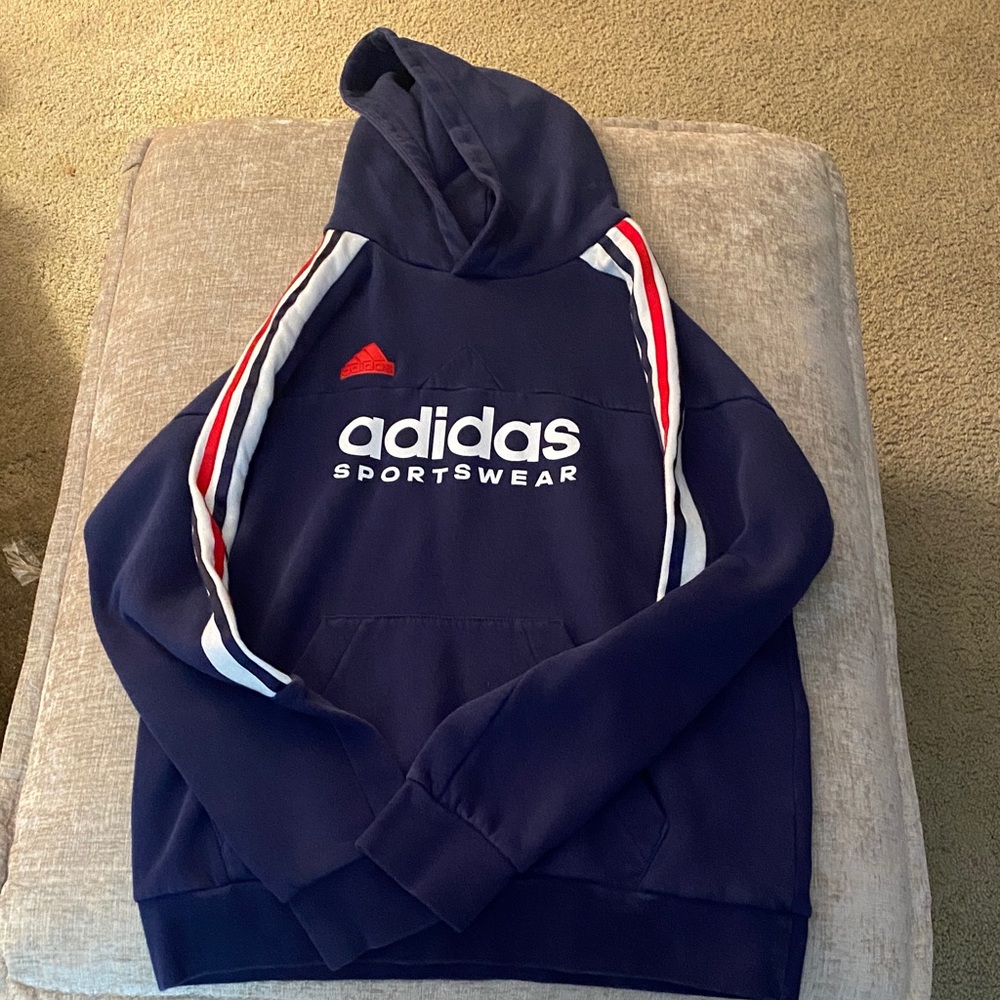 Adidas Boys Blue Hoodie with Red and White Accents